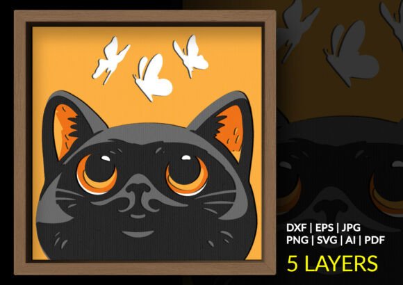 Black Cat & White Butterflies Shadow Box: A Whimsical Design Asset