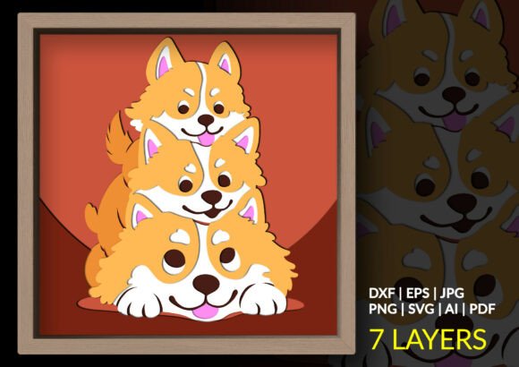 Cute Corgi Dog Pile 3D Shadow Box SVG: A Layered Papercut Design