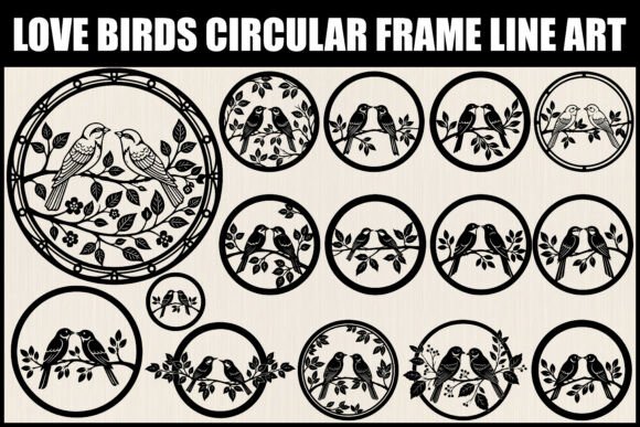 Elegant Love Birds Circular Frame Line Art for Timeless Designs