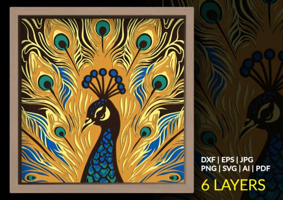 Golden Artistic Peacock 3D Shadow Box: A Regal Design Asset