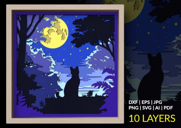 Moonlight Cat 3D Shadow Box: A Magical SVG Design