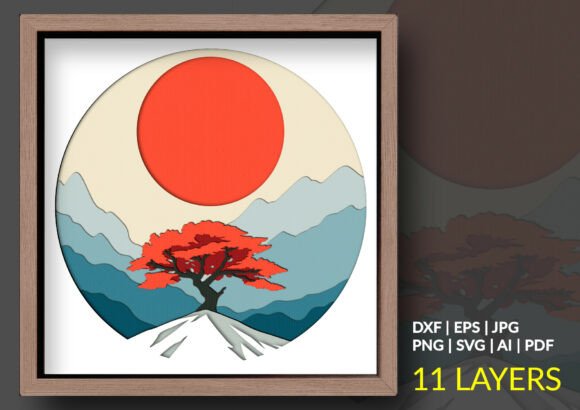 Mountain Tree Bonsai Shadow Box SVG for Tranquil Art