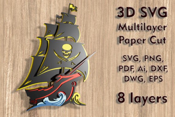 Pirate Ship 3D SVG: Multilayer Paper Cut Design